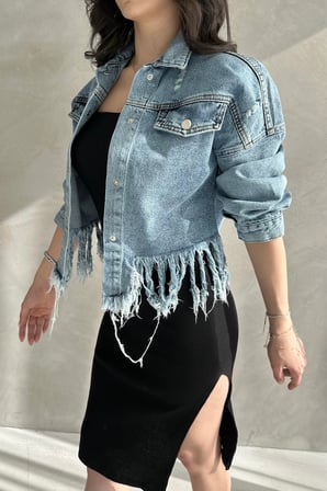 Püskül Detaylı Denim Crop Ceket
