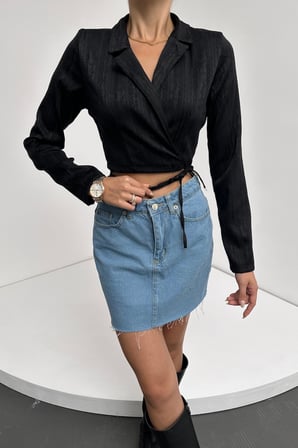 Gömlek Yaka Beli Bağlamalı Crop Bluz