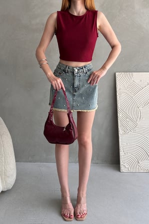 Sırtı Kemer Detaylı Kaşkorse Crop Bluz