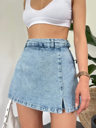 Yırtmaç Detaylı Denim Şort Etek
