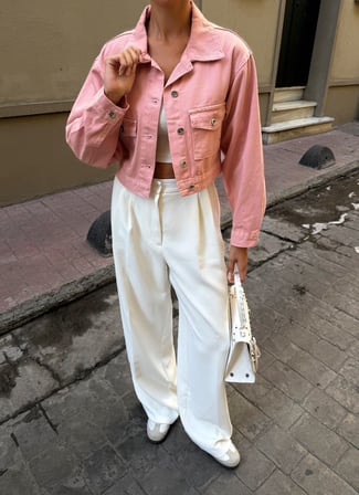 Çift Cep Denim Crop Ceket