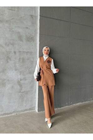 Nilay Kadın Kahverengi Trend Yandan Bağlamalı Yelek Gömlek Pantolon 3'lü Takım NILAY-1421