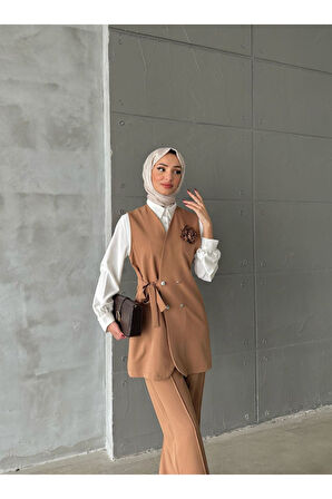 Nilay Kadın Kahverengi Trend Yandan Bağlamalı Yelek Gömlek Pantolon 3'lü Takım NILAY-1421