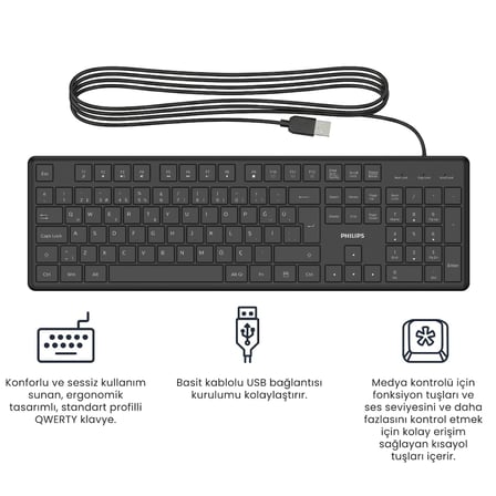 PHILIPS SPK6248B, USB Kablolu, Türkçe Q, Multimedya Klavye (Siyah)