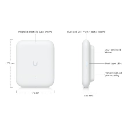UBIQUITI UAP-U7-PRO-Outdoor, UniFi, Triple Band, 5765Mbps, Wifi6, Tavan Tipi, Access Point (Poe Adap