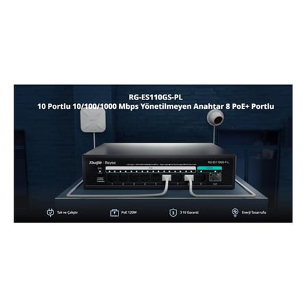 RUIJIE REYEE RG-ES110GS-P-L 10 Port, 8 Port  Gigabit PoE, 120W, 1 Port SPF, 1 Port Gigabit Uplink, S