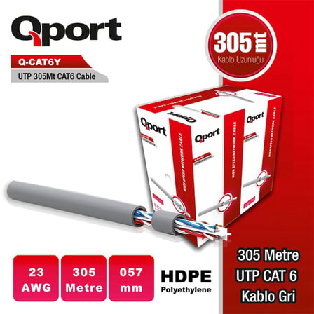 QPORT Q-CAT6Y 305M UTP 0,57MM CAT6 23 AWG GRI KABLO