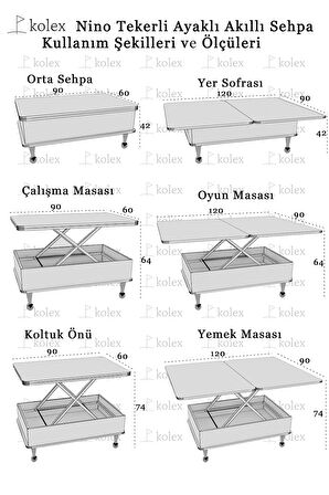 Nino Çekmeceli Akıllı Sehpa Tekerli Ayaklı Yemek Masası Çalışma Masası Ceviz Renk