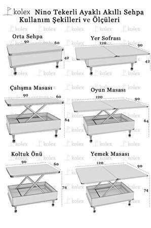 Nino Akıllı Sehpa Tekerli Ayaklı Yemek Masası Çalışma Masası Antik Beyaz Renk