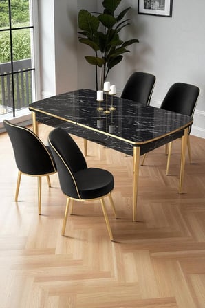 Nira Serisi 70x114 Mdf Siyah Mermer Desen Mutfak Masa Takımı 4 Siyah Sandalye Gold Detay
