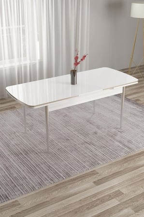 Nira Serisi 70x114 Mdf Açılabilir Beyaz Masa Takımı 6 Cappucino Sandalye Krom Detay