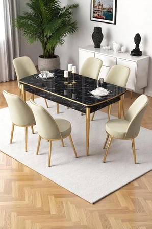 Nira Serisi 70x114 Mdf Siyah Mermer Desen Mutfak Masa Takımı 6 Krem Sandalye Gold Detay