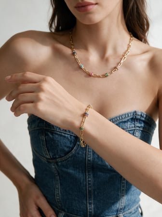 Valmont Accessories Renkli Taşlı Gold Kolye ve Bileklik Seti - Düğün, Kına, Nişan Gelin Takı Seti