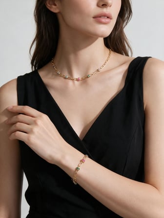 Valmont Accessories Renkli Taşlı Gold Kolye ve Bileklik Seti - Düğün, Kına, Nişan Gelin Takı Seti