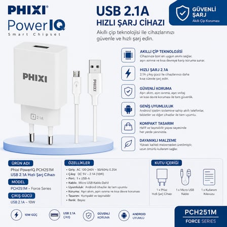 PHIXI PowerIQ PCH251M USB 2.1A Hızlı Şarj Cihazı – Force Series