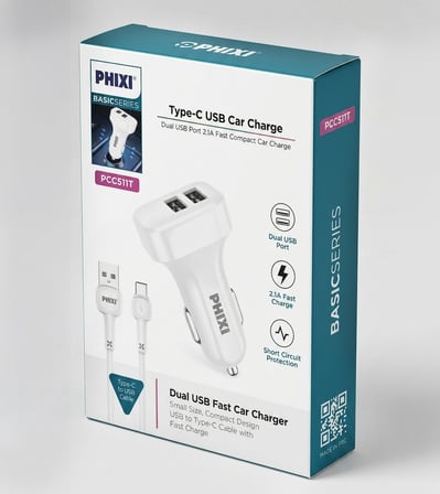 PHIXI PCC511T Çift USB 2.1A Hızlı Araç Şarj Cihazı (Type-C Kablolu)