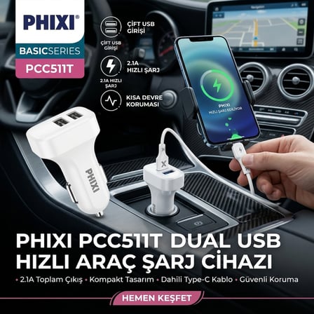 PHIXI PCC511T Çift USB 2.1A Hızlı Araç Şarj Cihazı (Type-C Kablolu)