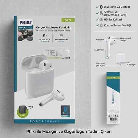 PHIXI Force S20 Earpods Gercek Kablosuz Bluetooth 5.3 Kulaklik (Kulak Ici)
