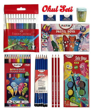Okul Kırtasiye ve Boya Seti Sulu Kuru Pastel Keçeli Kalem Kurşun Kırmızı Kalem Silgi Kalemtıraş