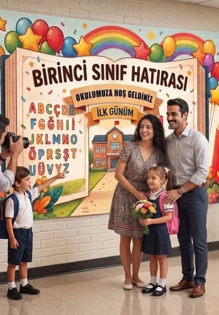 Okulda İlk Günüm Birinci Sınıf Hatırası Okul Posteri Kuşgözlü Branda 250x125 cm