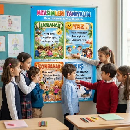 Mevsimler Posteri Mevsimleri Tanıyalım Eğitici Sınıf Panosu Okul Duvar Posteri Yapışkanlı Folyo 70x100 cm