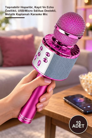 10 Adet Kablosuz Hoparlörlü Bluetooth Karaoke Mikrofonu – Taşınabilir Hoparlör, Kayıt Ve Echo Özellikli, USB/Micro Sd/Aux Destekli, Metalik Kaplamalı Karaoke Mic