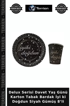 Delux Serisi Davet Yaş Günü Karton Tabak Bardak İyi ki Doğdun Siyah Gümüş 8’li