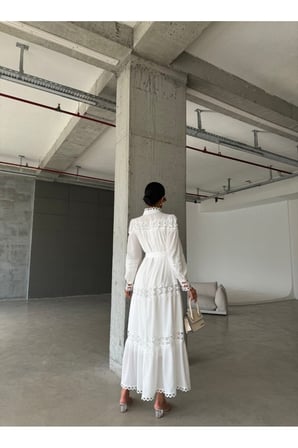 Kadın Bebe Mavi Yumuşak Dokulu Krep Kumaş Astarlı Dantel Detaylı Uzun Elbise Njjennyelb2