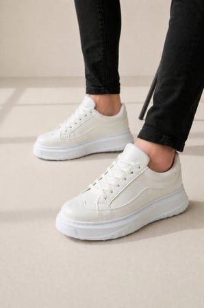 JY507 Dara Bağcıklı Cilt Erkek Günlük Sneaker Ayakkabı CBT Beyaz
