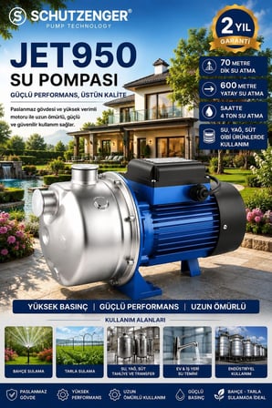 JET950 1.5 Hp BAKIR SARGILI PASLANMAZ ÇELİK GÖVDELİ KENDİNDEN EMİŞLİ POMPA TARLA BAHÇE İÇİN TÜM SIVI
