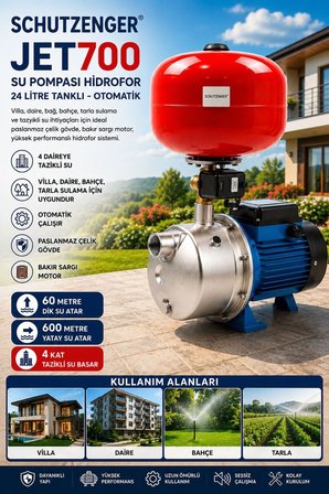 JET700 BAKIR SARGI 1.5 Hq PASLANMAZ ÇELİK GÖVDELİ KENDİNDEN EMİŞLİ SU POMPA 24 LİTRE TANK OTOMATİK S
