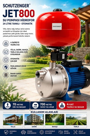 JET800 PASLANMAZ GÖVDE SU POMPASI 24 Lt TANK OTOMATİK 2 Hq 6 DAİRE 70 mt DİK SU MOTORU