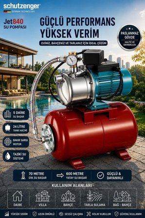 JET840 OTOMATİK TANLI SU POMPASI 24 LİTRE TANK 1.5Hx 5 DAİRE TAZİKLİ SU MOTORU DEMONTE C7 KALİTE