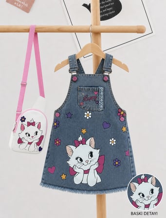 Kız Çocuk Kedi Baskılı Kot Jile Elbise Çantalı Denim Askılı Günlük Elbise 3-8Yaş