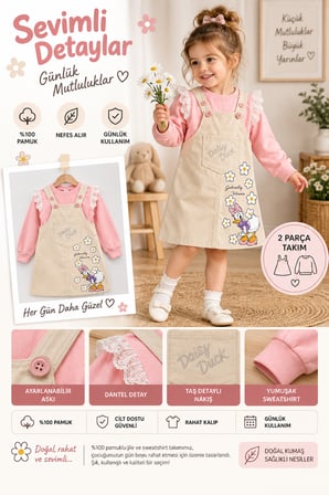 Kız Çocuk Çiçek Baskılı Gabardin Jile Elbise Takımı – Dantel Detaylı Sweatshirtlü 2'li Takım