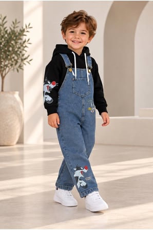 Erkek Çocuk Baskılı Kapüşonlu Sweatshirt ve Kot Salopet 2'li Takım