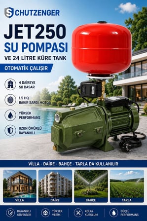 JET250 SU MOTORU 1.5 Hq HİDRAFOR OTOMATİK 24 LİTRE TANK KÜRE 4 KAT DAİRE 50 mt DİK ATAR SU POMPASI B