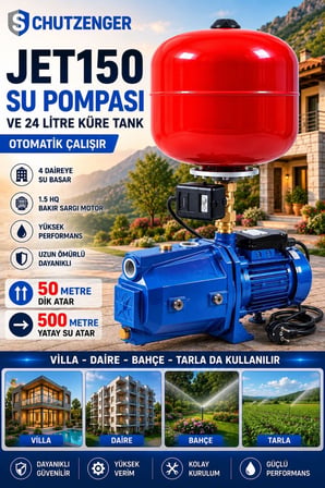 JET150 MAVİ SU HİDRAFORU BASINÇLI SU POMPASI 24 LİTRE TANK OTOMATİK 1.5 Hp 500 mt YATAY SU ATAR İKİL