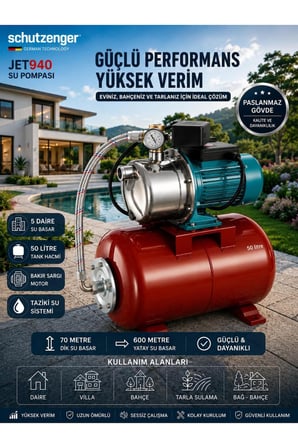 JET 920 SU MOTORU 50 lt TANK 2 Hx SETLİ SU POMPASI 600 mt YATAY SU ATAR TAZİKLİ BAKIR MOTOR