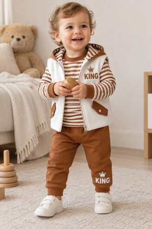Erkek Bebek 3 Parça Takım Şişme Yelekli King Baskılı Sweatshirt ve Eşofman Altı