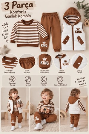 Erkek Bebek 3 Parça Takım Şişme Yelekli King Baskılı Sweatshirt ve Eşofman Altı