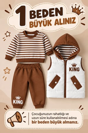 Erkek Bebek 3 Parça Takım Şişme Yelekli King Baskılı Sweatshirt ve Eşofman Altı