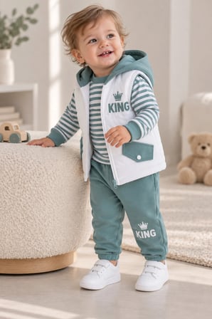 Erkek Bebek 3 Parça Takım Şişme Yelekli King Baskılı Sweatshirt ve Eşofman Altı
