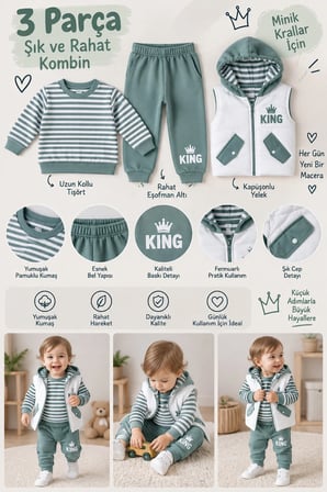 Erkek Bebek 3 Parça Takım Şişme Yelekli King Baskılı Sweatshirt ve Eşofman Altı