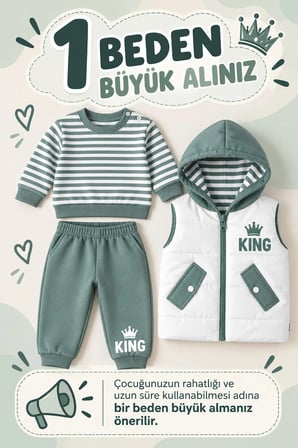 Erkek Bebek 3 Parça Takım Şişme Yelekli King Baskılı Sweatshirt ve Eşofman Altı