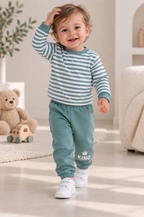 Erkek Bebek 3 Parça Takım Şişme Yelekli King Baskılı Sweatshirt ve Eşofman Altı