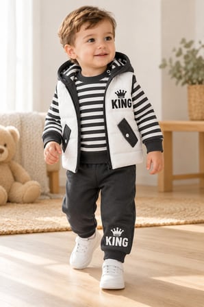 Erkek Bebek 3 Parça Takım Şişme Yelekli King Baskılı Sweatshirt ve Eşofman Altı