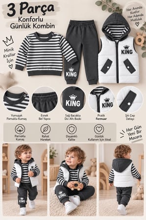 Erkek Bebek 3 Parça Takım Şişme Yelekli King Baskılı Sweatshirt ve Eşofman Altı
