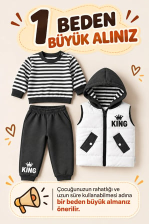 Erkek Bebek 3 Parça Takım Şişme Yelekli King Baskılı Sweatshirt ve Eşofman Altı