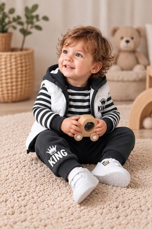 Erkek Bebek 3 Parça Takım Şişme Yelekli King Baskılı Sweatshirt ve Eşofman Altı